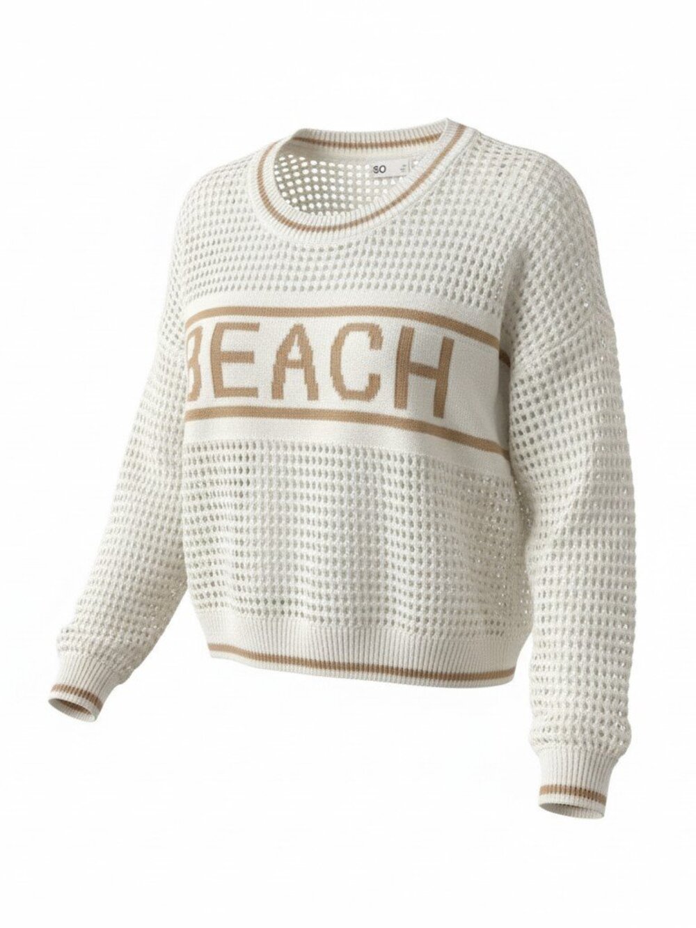 BEACH Women's Loose Knit White and Tan Cotton Pullover Sweater Size Medium